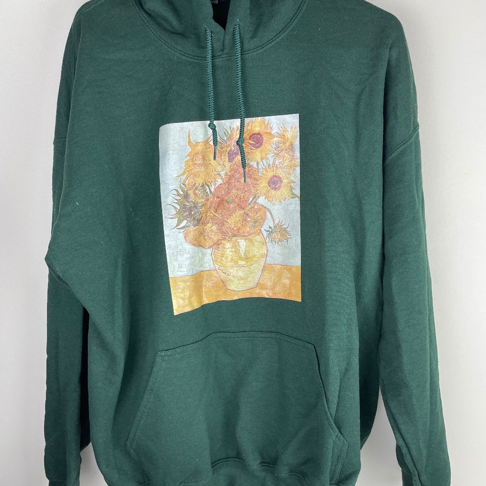 Vincent Van Gogh Sunflowers XL Green Pullover Hoodie Sweatshirt